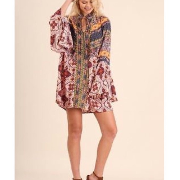 UMGEE Boho Bell Sleeve Multi Print Dress Size Small - Picture 2 of 11